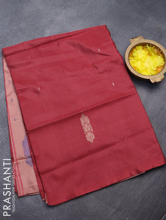 Banana pith saree maroon and pastel brown with thread woven buttas in borderless style with blouse - {{ collection.title }} by Prashanti Sarees