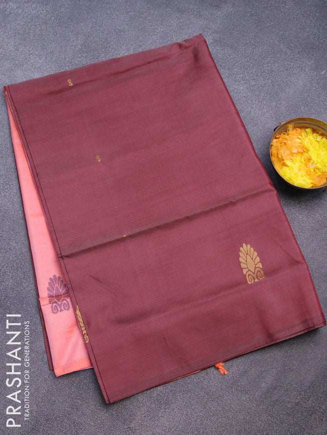 Banana pith saree maroon and peach orange shade with thread woven buttas in borderless style with blouse - {{ collection.title }} by Prashanti Sarees