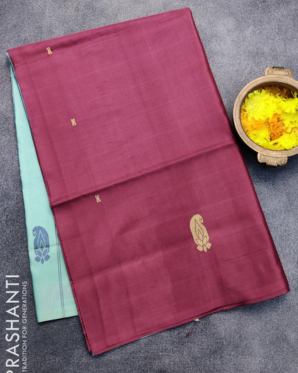 Banana pith saree maroon and teal green shade with thread woven buttas in borderless style with blouse - {{ collection.title }} by Prashanti Sarees