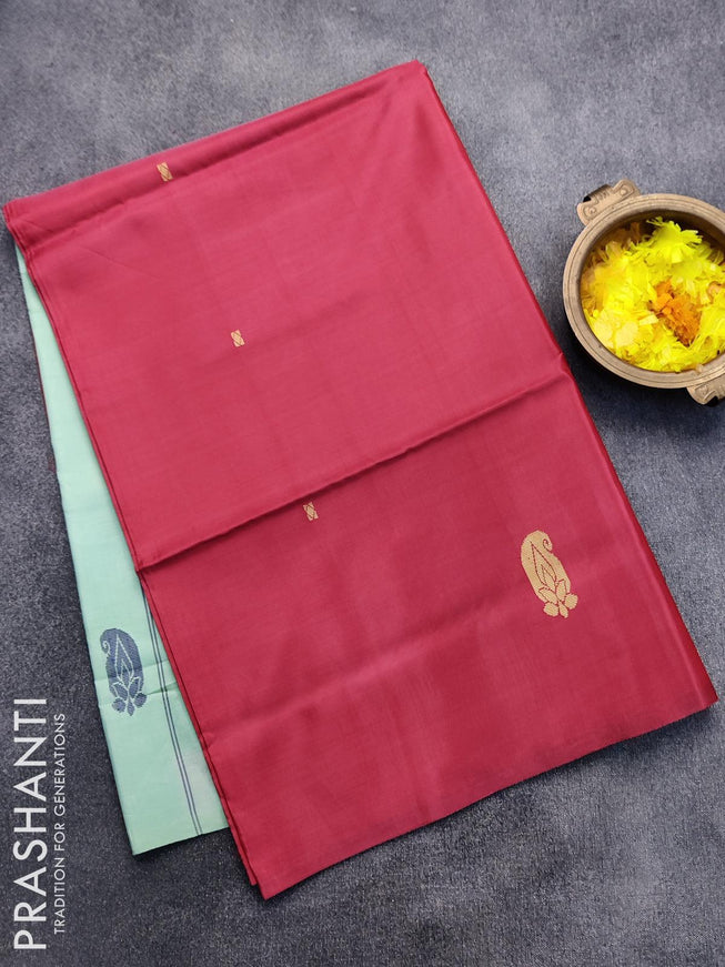 Banana pith saree maroon and teal green shade with thread woven buttas in borderless style with blouse - {{ collection.title }} by Prashanti Sarees