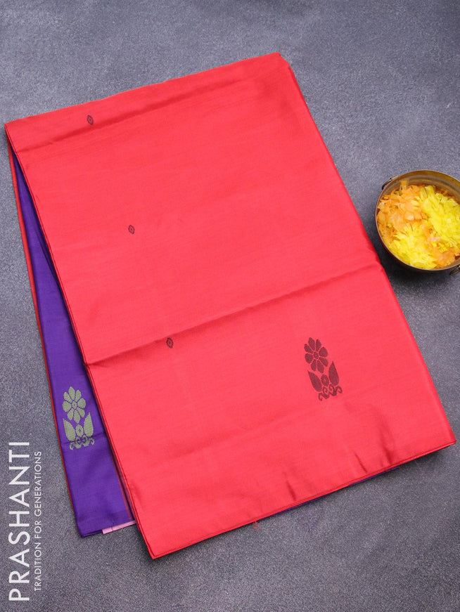 Banana pith saree red and blue with thread woven buttas in borderless style with blouse - {{ collection.title }} by Prashanti Sarees