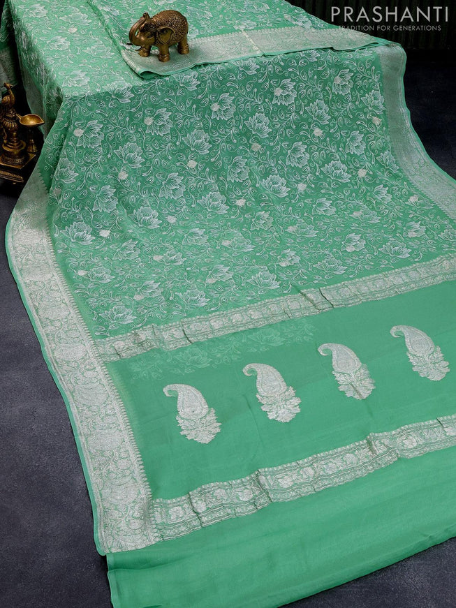 Banarasi chiffon saree green shade with allover chikankari work and silver zari woven border - {{ collection.title }} by Prashanti Sarees