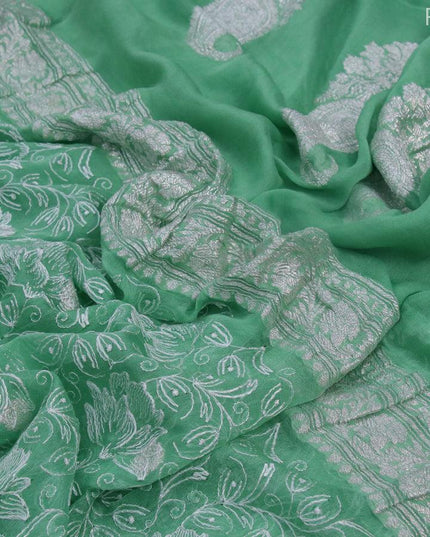 Banarasi chiffon saree green shade with allover chikankari work and silver zari woven border - {{ collection.title }} by Prashanti Sarees