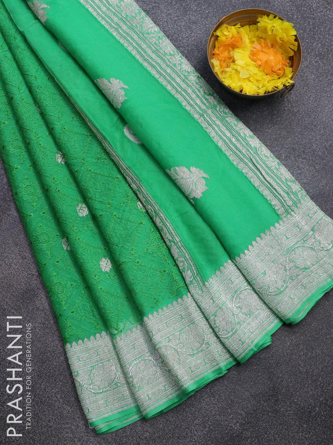 Banarasi chiffon saree green with allover chikankari work and silver zari woven border - {{ collection.title }} by Prashanti Sarees