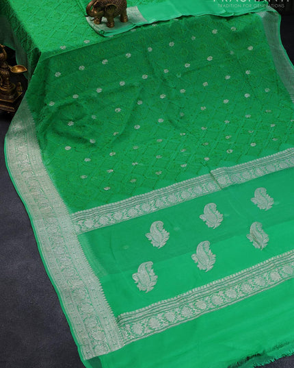 Banarasi chiffon saree green with allover chikankari work and silver zari woven border - {{ collection.title }} by Prashanti Sarees
