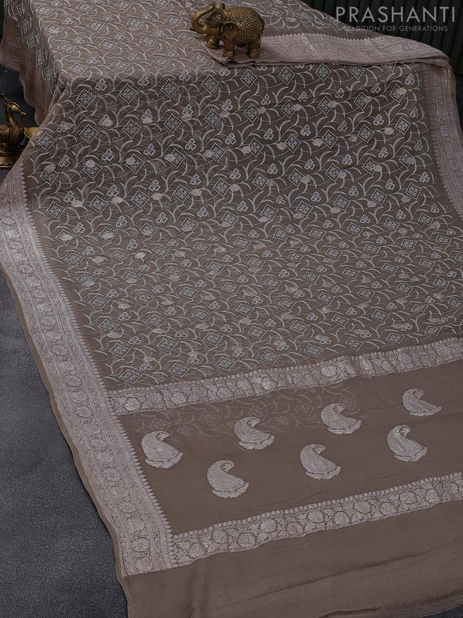 Banarasi chiffon saree grey shade with allover chikankari work and silver zari woven border - {{ collection.title }} by Prashanti Sarees