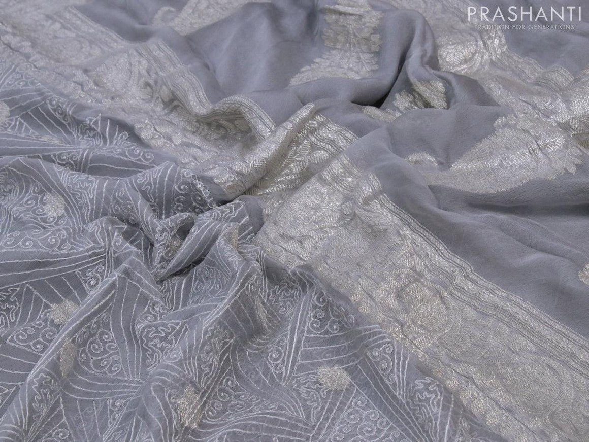 Banarasi chiffon saree grey with allover chikankari work and silver zari woven border - {{ collection.title }} by Prashanti Sarees