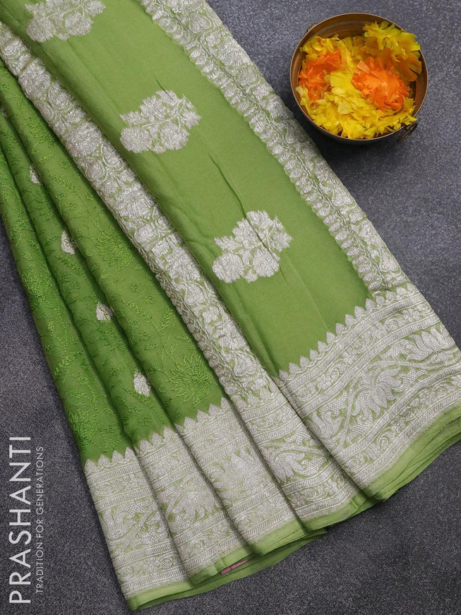 Banarasi chiffon saree light green with allover chikankari work and silver zari woven border - {{ collection.title }} by Prashanti Sarees