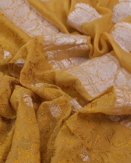 Banarasi chiffon saree mustard yellow with allover chikankari work and silver zari woven border - {{ collection.title }} by Prashanti Sarees
