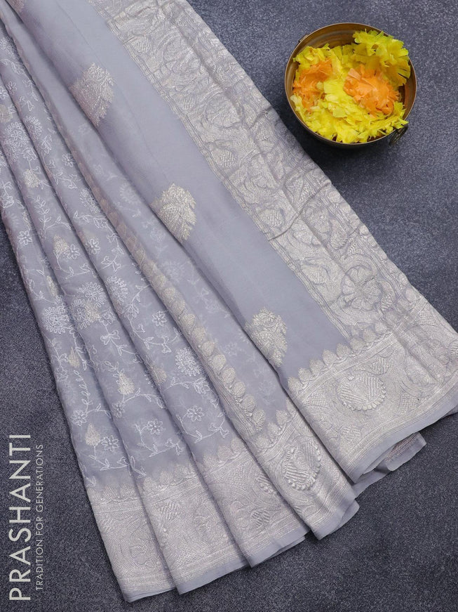 Banarasi chiffon saree pastel grey with allover chikankari work and silver zari woven border - {{ collection.title }} by Prashanti Sarees