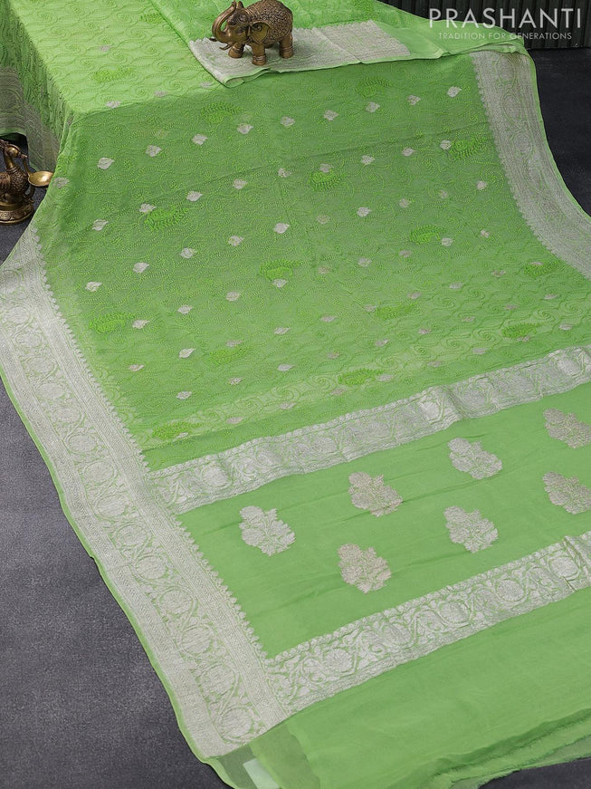 Banarasi chiffon saree pista green with allover chikankari work and silver zari woven border - {{ collection.title }} by Prashanti Sarees