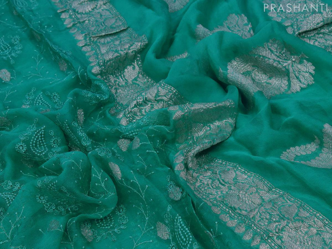 Banarasi chiffon saree teal blue shade with allover chikankari work and silver zari woven border - {{ collection.title }} by Prashanti Sarees