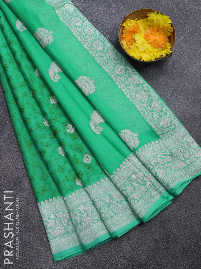 Banarasi chiffon saree teal green with allover chikankari work and silver zari woven border - {{ collection.title }} by Prashanti Sarees