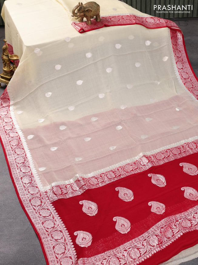 Banarasi chiffon silk saree cream and red with silver zari woven buttas and silver zari woven floral border - {{ collection.title }} by Prashanti Sarees
