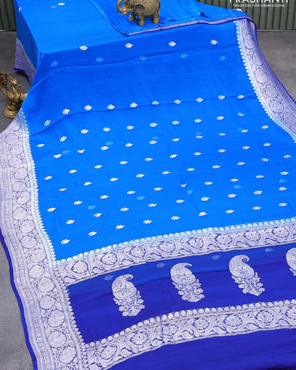 Banarasi chiffon silk saree cs blue and blue with silver zari woven buttas and silver zari woven floral border - {{ collection.title }} by Prashanti Sarees