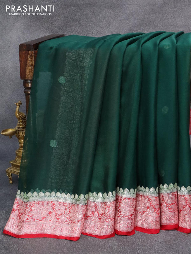 Banarasi chiffon silk saree dark green and red with silver zari woven coin buttas and silver zari woven floral border - {{ collection.title }} by Prashanti Sarees