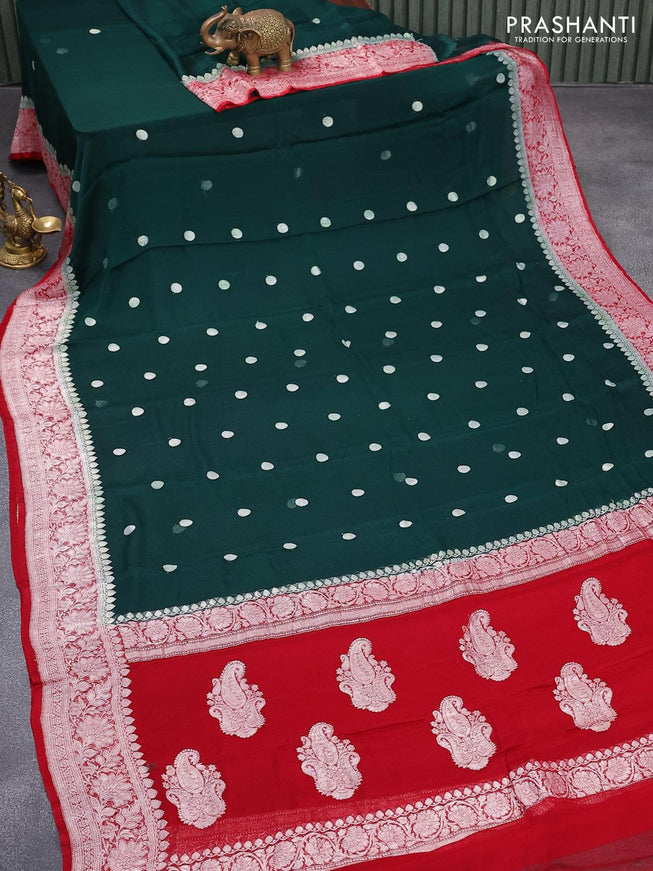 Banarasi chiffon silk saree dark green and red with silver zari woven coin buttas and silver zari woven floral border - {{ collection.title }} by Prashanti Sarees