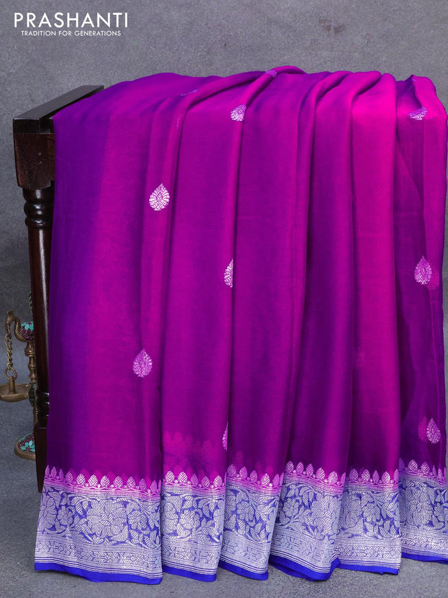 Banarasi chiffon silk saree dark pink and blue with silver zari woven buttas and silver zari woven floral border - {{ collection.title }} by Prashanti Sarees