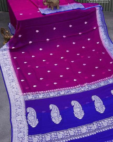 Banarasi chiffon silk saree dark pink and blue with silver zari woven buttas and silver zari woven floral border - {{ collection.title }} by Prashanti Sarees