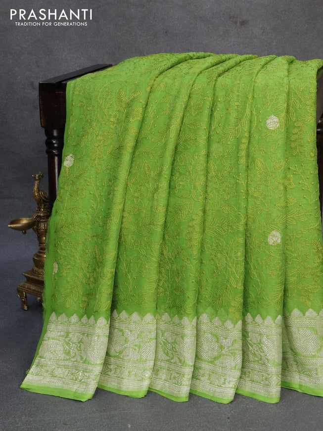 Banarasi chiffon silk saree light green with allover chikankari work & silver zari buttas and silver zari woven border - {{ collection.title }} by Prashanti Sarees