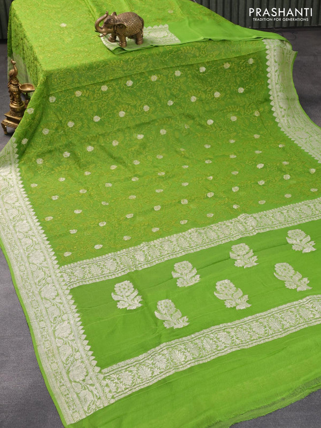 Banarasi chiffon silk saree light green with allover chikankari work & silver zari buttas and silver zari woven border - {{ collection.title }} by Prashanti Sarees