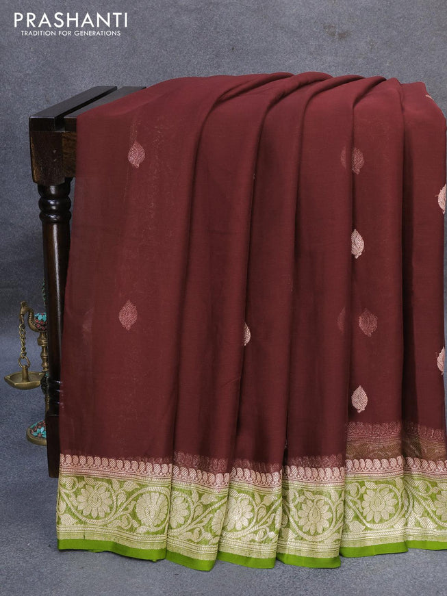 Banarasi chiffon silk saree maroon and light green with silver zari woven buttas and silver zari woven floral border - {{ collection.title }} by Prashanti Sarees