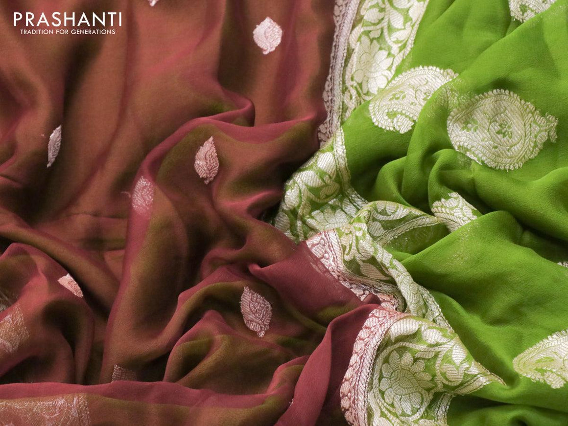 Banarasi chiffon silk saree maroon and light green with silver zari woven buttas and silver zari woven floral border - {{ collection.title }} by Prashanti Sarees