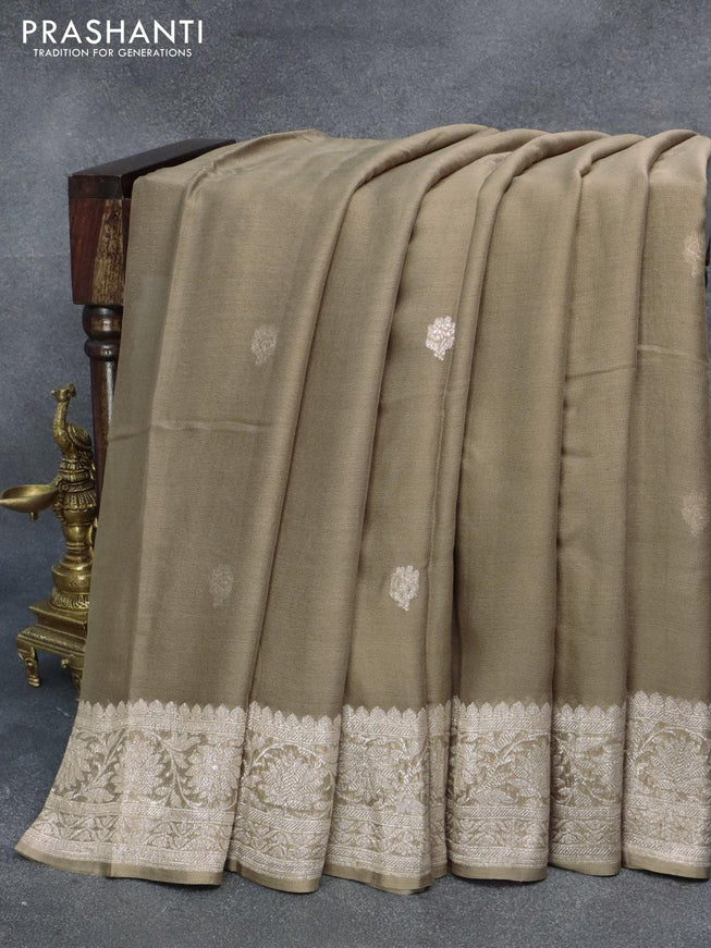 Banarasi chiffon silk saree military green with silver zari woven buttas and silver zari woven border - {{ collection.title }} by Prashanti Sarees