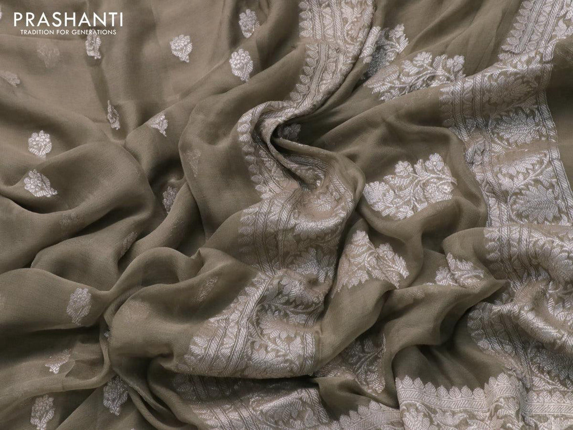 Banarasi chiffon silk saree military green with silver zari woven buttas and silver zari woven border - {{ collection.title }} by Prashanti Sarees