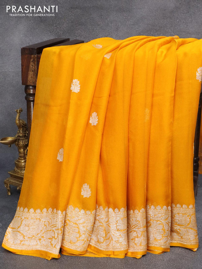 Banarasi chiffon silk saree mustard yellow with silver zari woven buttas and silver zari woven floral border - {{ collection.title }} by Prashanti Sarees
