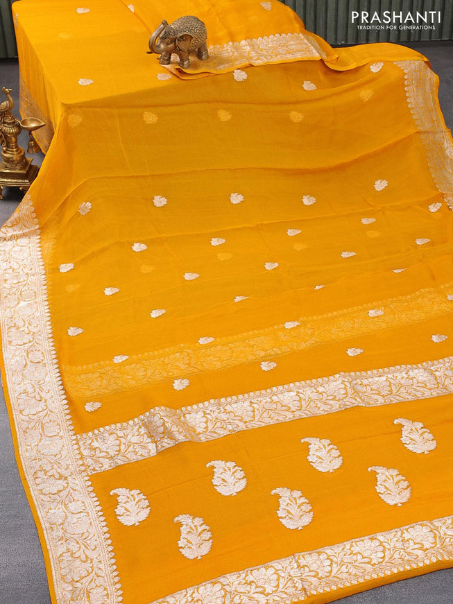 Banarasi chiffon silk saree mustard yellow with silver zari woven buttas and silver zari woven floral border - {{ collection.title }} by Prashanti Sarees