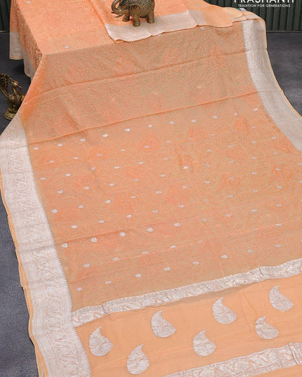 Banarasi chiffon silk saree pale orange with allover chikankari work & silver zari buttas and silver zari woven border - {{ collection.title }} by Prashanti Sarees