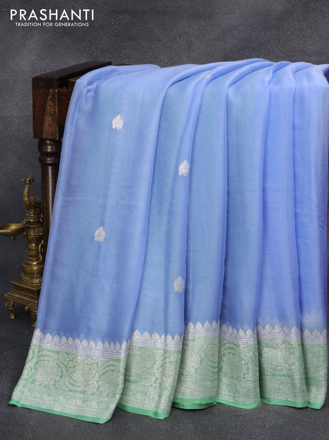 Banarasi chiffon silk saree pastel blue and teal green shade with silver zari woven buttas and silver zari woven border - {{ collection.title }} by Prashanti Sarees