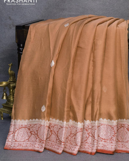 Banarasi chiffon silk saree pastel brown and maroon with silver zari woven buttas and silver zari woven floral border - {{ collection.title }} by Prashanti Sarees