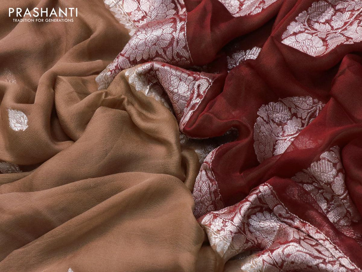 Banarasi chiffon silk saree pastel brown and maroon with silver zari woven buttas and silver zari woven floral border - {{ collection.title }} by Prashanti Sarees