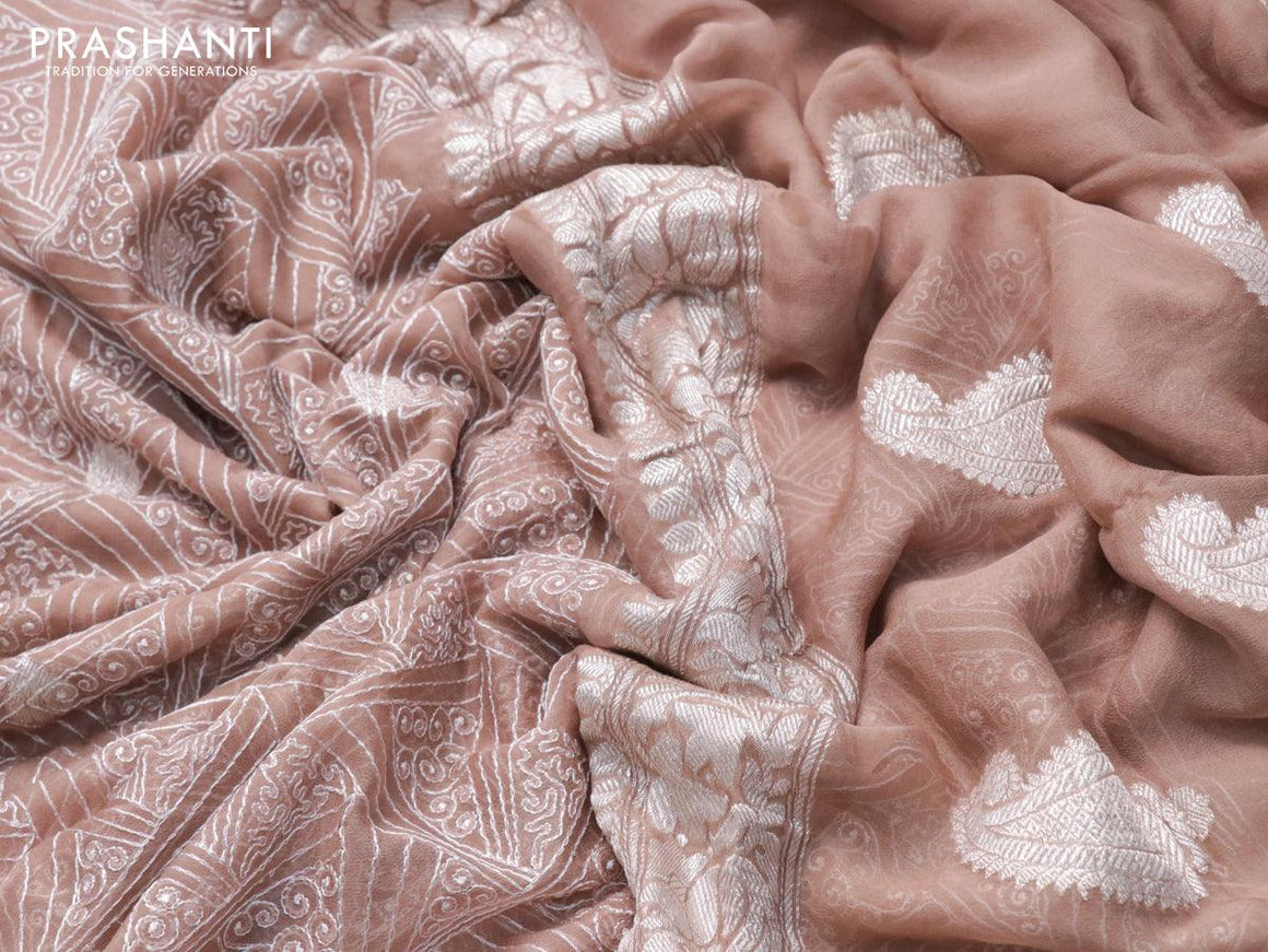 Banarasi chiffon silk saree pastel brown with allover chikankari work & silver zari buttas and silver zari woven border - {{ collection.title }} by Prashanti Sarees