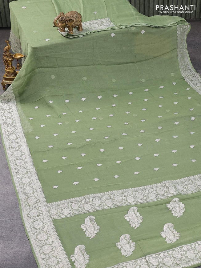 Banarasi chiffon silk saree pastel green with silver zari woven buttas and silver zari woven border - {{ collection.title }} by Prashanti Sarees