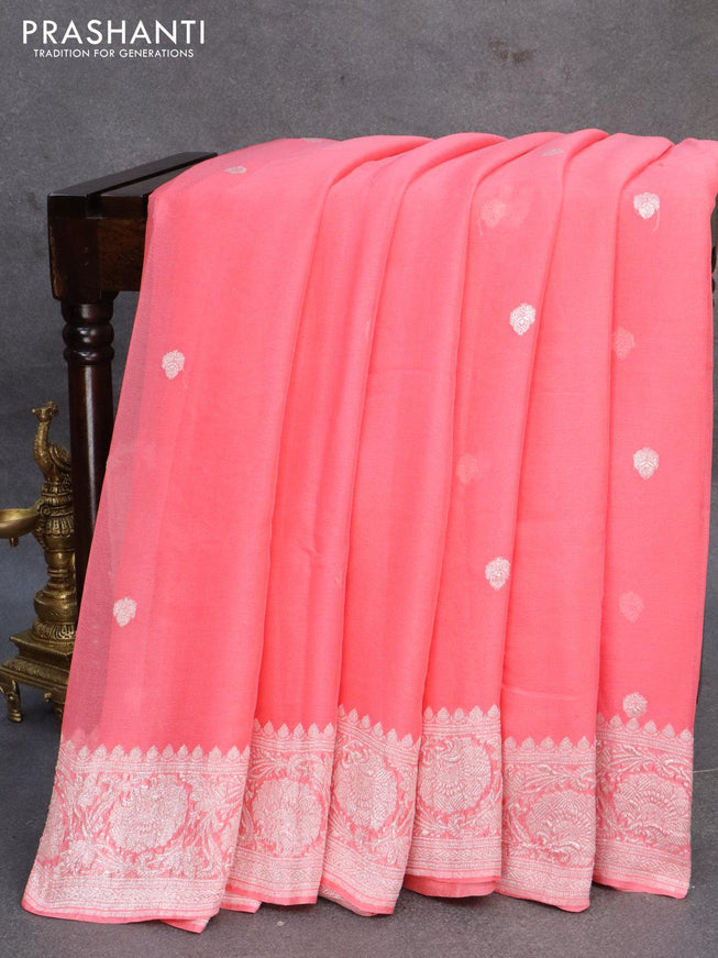 Banarasi chiffon silk saree peach pink with silver zari woven buttas and silver zari woven floral border - {{ collection.title }} by Prashanti Sarees