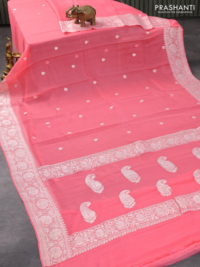Banarasi chiffon silk saree peach pink with silver zari woven buttas and silver zari woven floral border - {{ collection.title }} by Prashanti Sarees