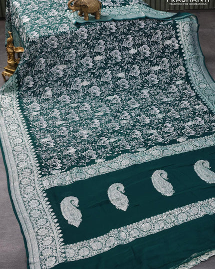 Banarasi chiffon silk saree peacock blue with allover chikankari work & silver zari buttas and silver zari woven border - {{ collection.title }} by Prashanti Sarees