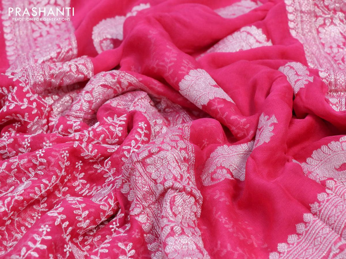 Banarasi chiffon silk saree pink with allover chikankari work & silver zari buttas and silver zari woven border - {{ collection.title }} by Prashanti Sarees