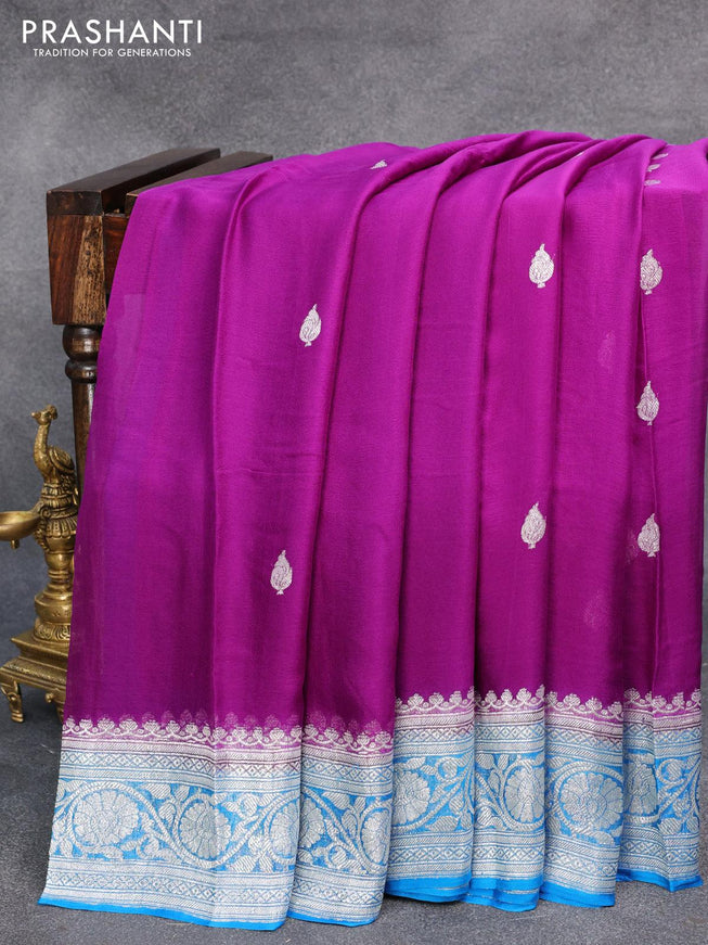 Banarasi chiffon silk saree purple and cs blue with silver zari woven buttas and silver zari woven floral border - {{ collection.title }} by Prashanti Sarees