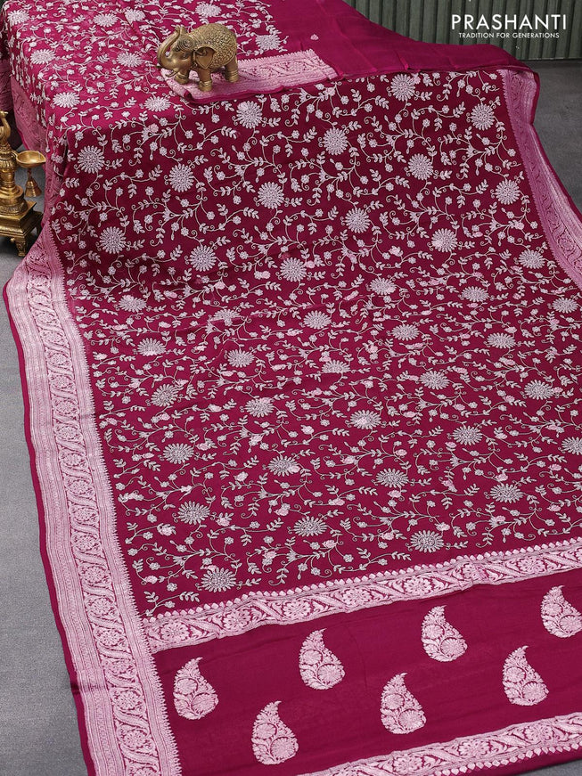 Banarasi chiffon silk saree purple with allover chikankari work & silver zari buttas and silver zari woven border - {{ collection.title }} by Prashanti Sarees