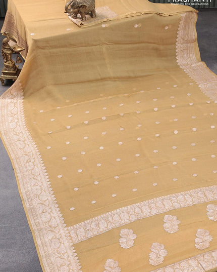 Banarasi chiffon silk saree sandal with silver zari woven buttas and silver zari woven border - {{ collection.title }} by Prashanti Sarees