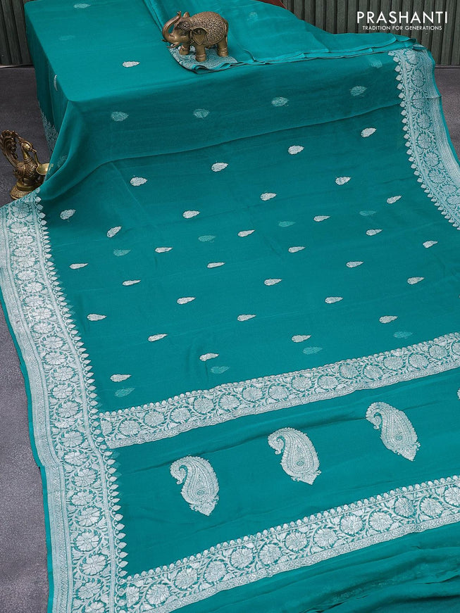 Banarasi chiffon silk saree teal green with silver zari woven buttas and silver zari woven floral border - {{ collection.title }} by Prashanti Sarees