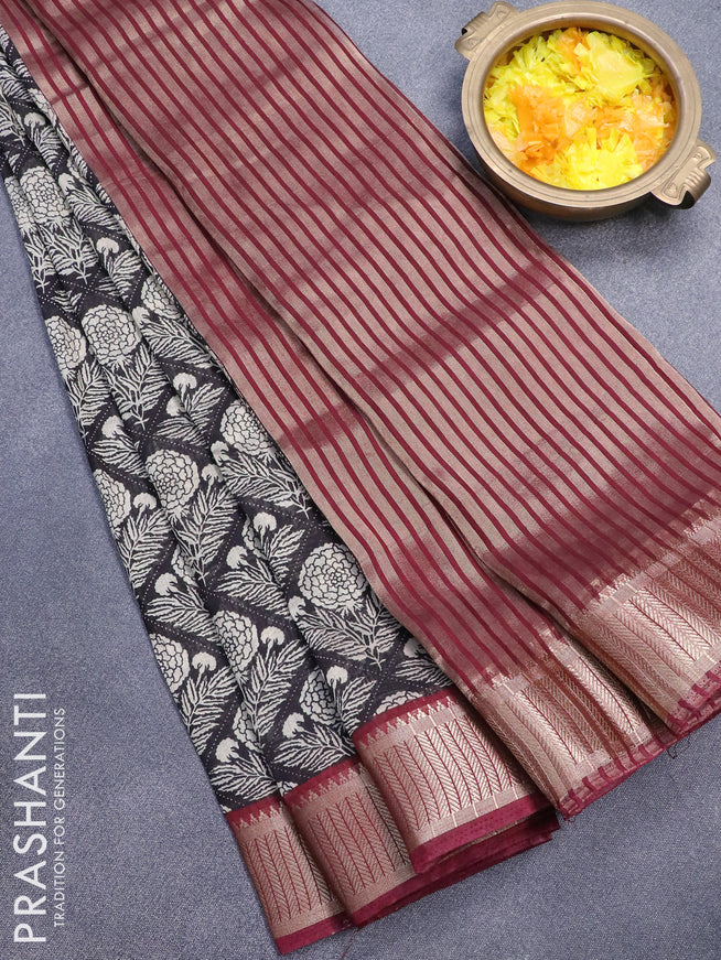 Banarasi cotton saree black and maroon with allover floral prints and zari woven border - {{ collection.title }} by Prashanti Sarees