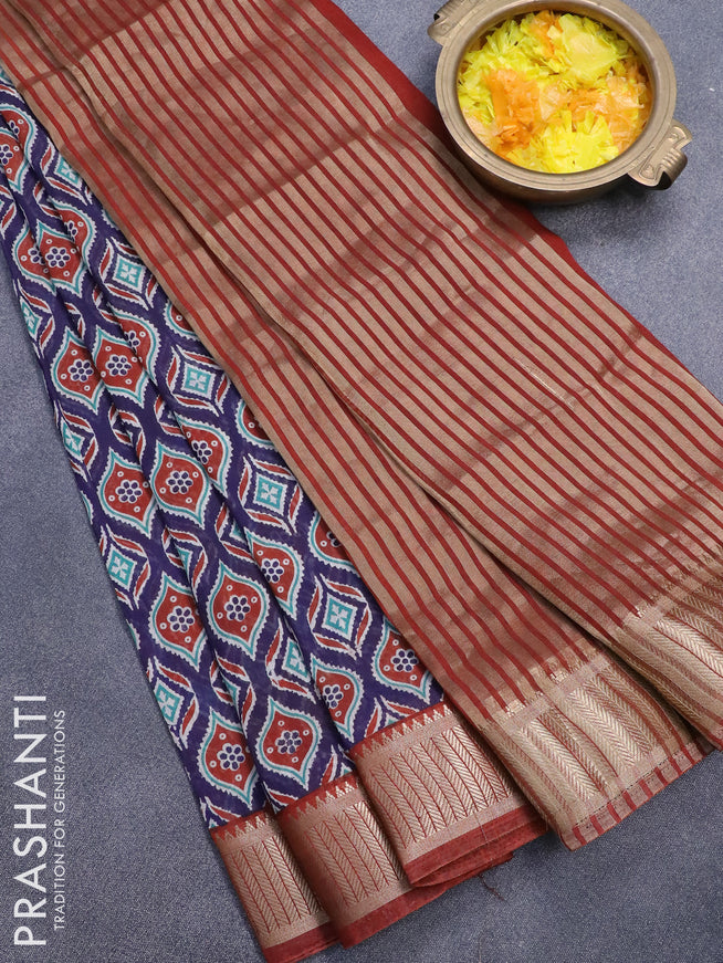 Banarasi cotton saree blue and rust shade with allover butta prints and zari woven border - {{ collection.title }} by Prashanti Sarees