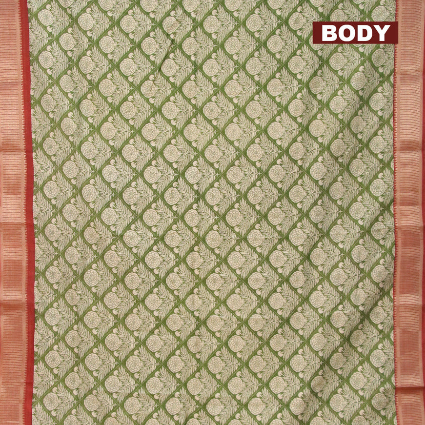 Banarasi cotton saree green and rust shade with allover floral prints and zari woven border - {{ collection.title }} by Prashanti Sarees