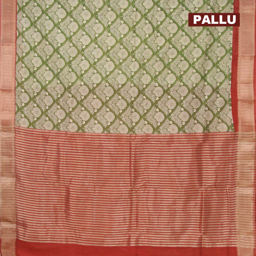 Banarasi cotton saree green and rust shade with allover floral prints and zari woven border - {{ collection.title }} by Prashanti Sarees