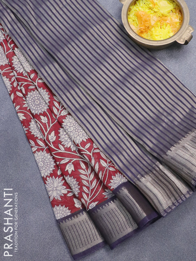 Banarasi cotton saree maroon and dark blue with allover floral prints and zari woven border - {{ collection.title }} by Prashanti Sarees